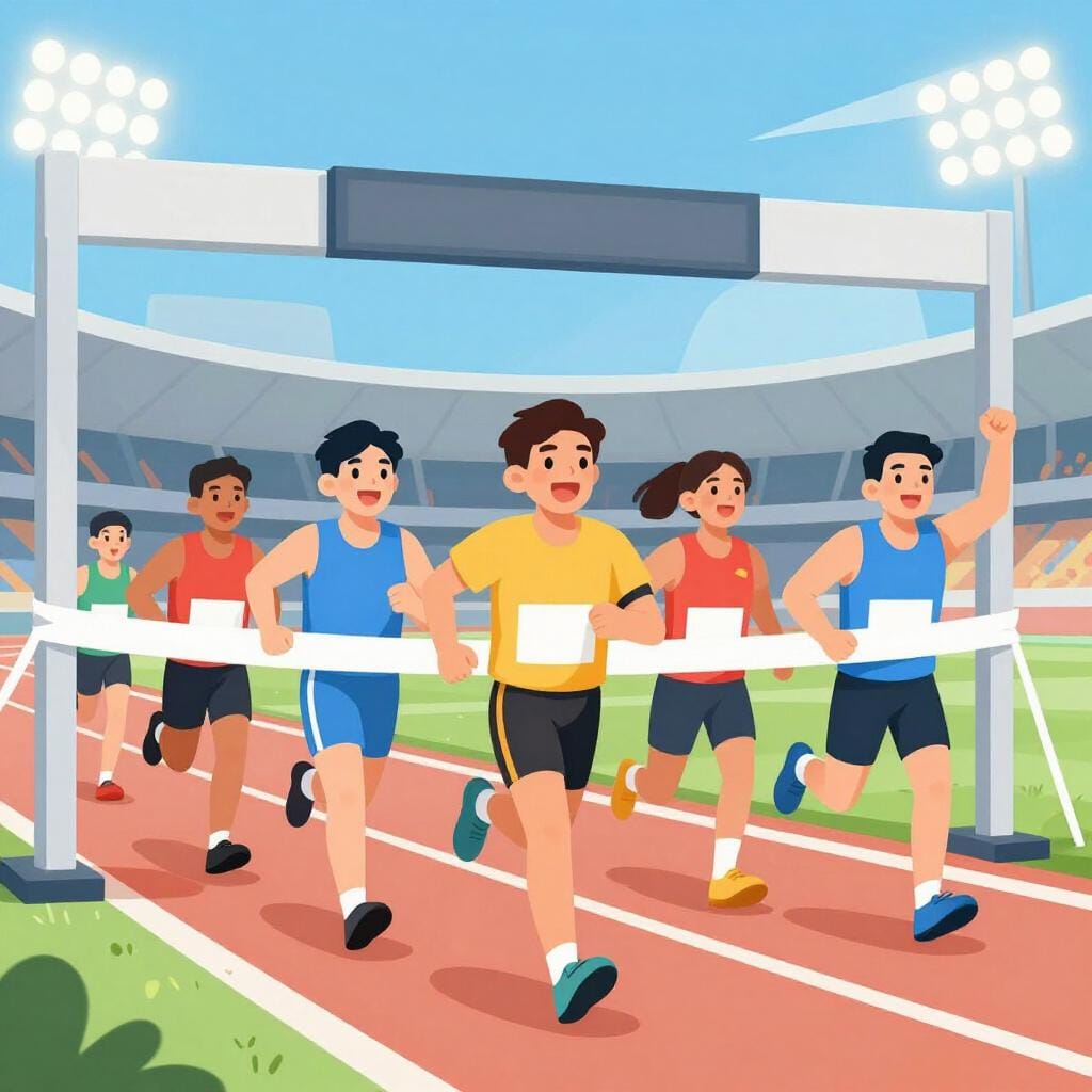 A colorful storybook illustration of a group of runners crossing a finish line with a large gate in the background.