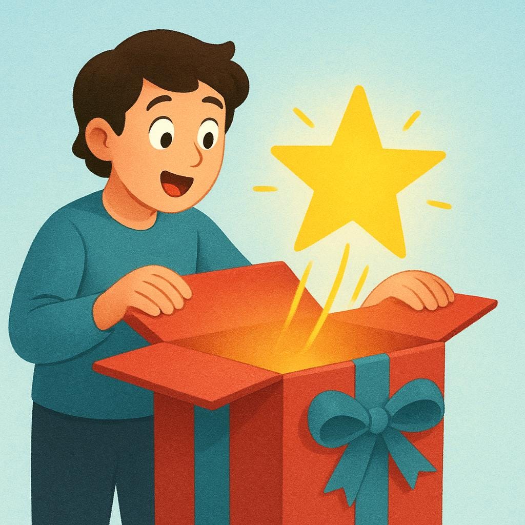 A person opening a gift box with a look of joyful amazement on their face.