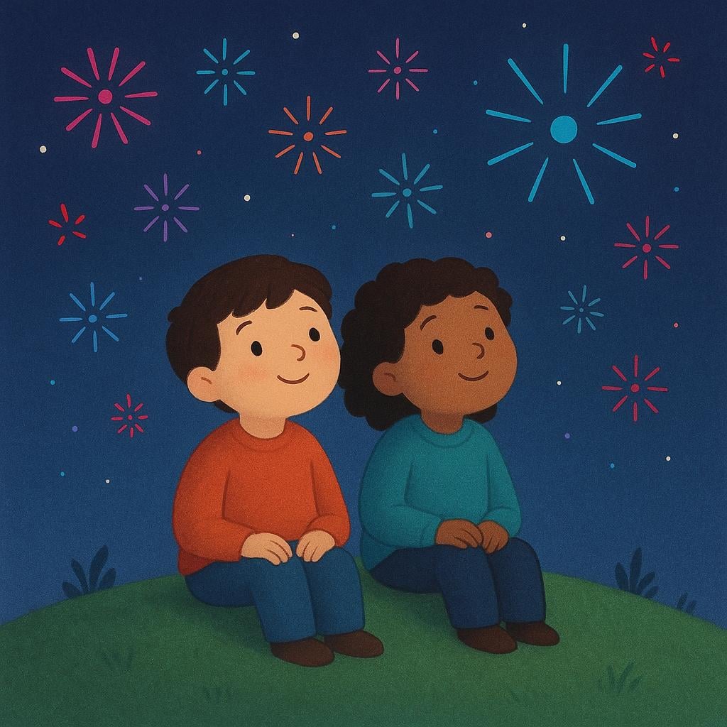 Two friends sitting on a green hill at night, looking up in amazement at colorful fireworks exploding in the sky, symbolizing a shared experience.