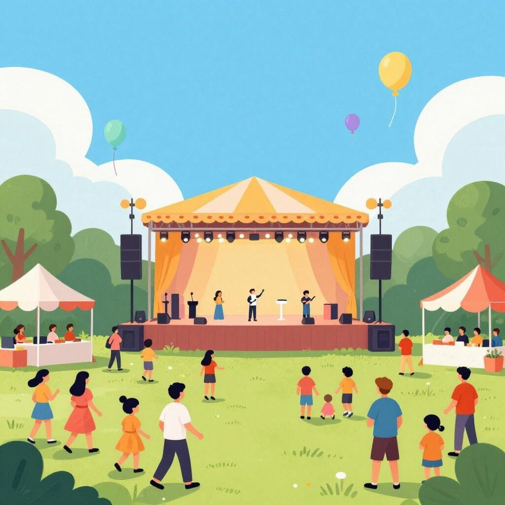 A colorful outdoor festival with a large crowd, balloons, and a central stage.