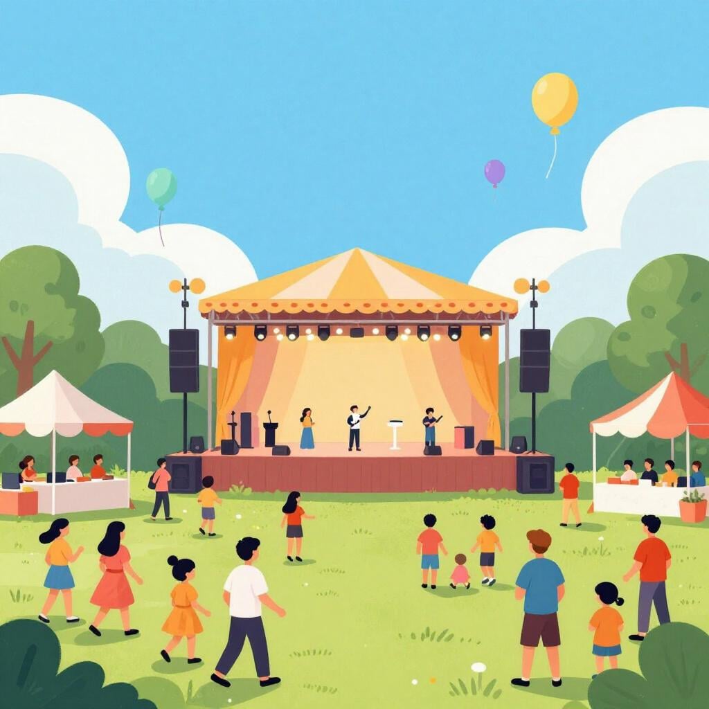 A colorful outdoor festival with a large crowd, balloons, and a central stage.