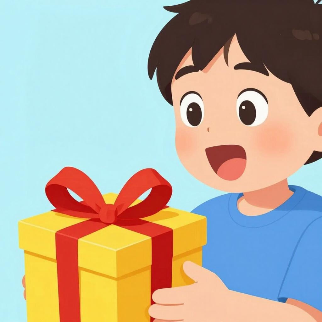 A person with a wide-eyed expression of amazement, hands held to their cheeks, looking at a large colorful gift box.