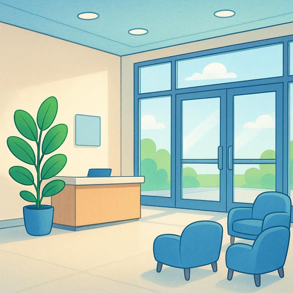 A colorful storybook illustration of a spacious, brightly lit building lobby. The scene includes a simple reception desk, a potted plant, and several comfortable chairs near the large entrance doors.