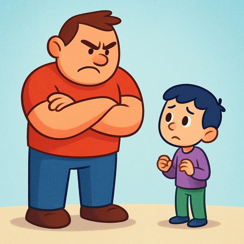 A colorful illustration showing a much taller figure with a stern expression aggressively crossing their arms while looking down at a smaller, intimidated figure.