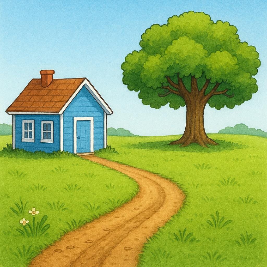 A simple illustration showing a deep, well-worn dirt path connecting a small blue house to a large green oak tree, symbolizing a repeated journey or past routine.