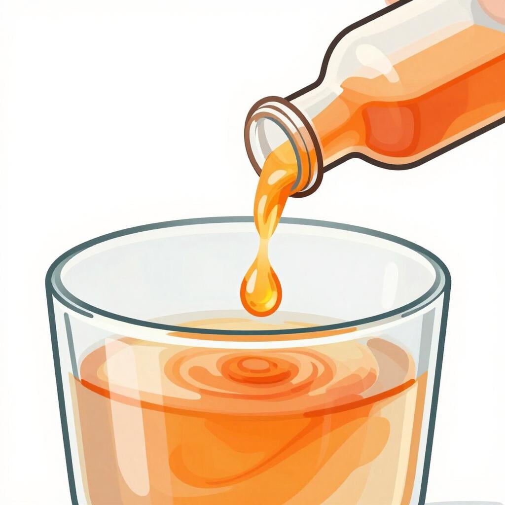 A small glass bottle containing a thick, dark liquid next to a large bowl of fruit.