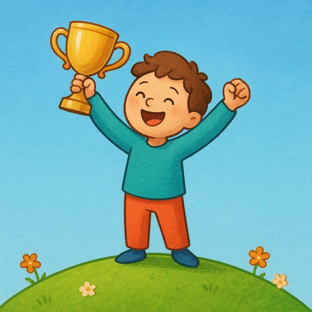 A happy character reaching the top of a hill and holding a bright golden trophy.