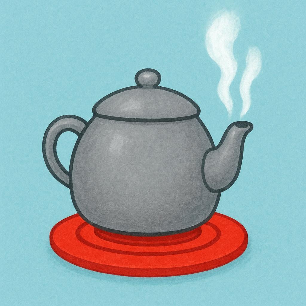 White, wispy steam rising from the spout of a dark kettle placed on a stove burner.