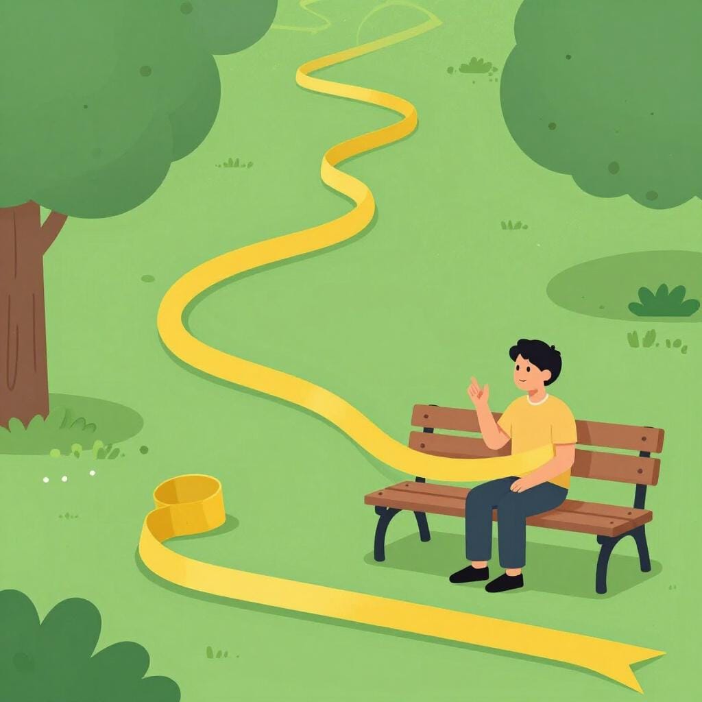 Uma pessoa sentada em um banco conversando com uma bolha de fala muito longa e sinuosa que a rodeia várias vezes.