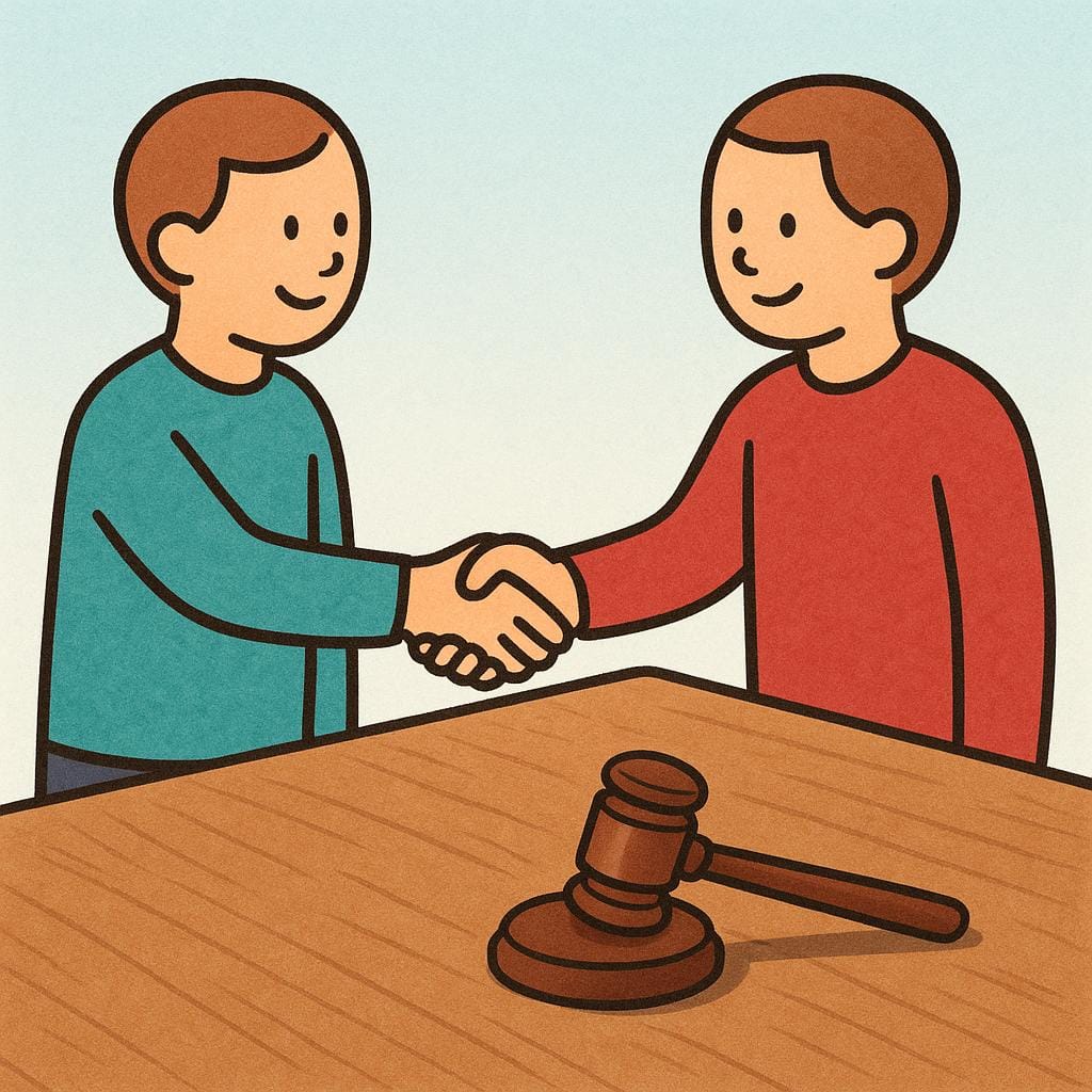 Two simplified figures in formal attire standing across a large table, shaking hands firmly after a governmental discussion, symbolizing agreement in politics.
