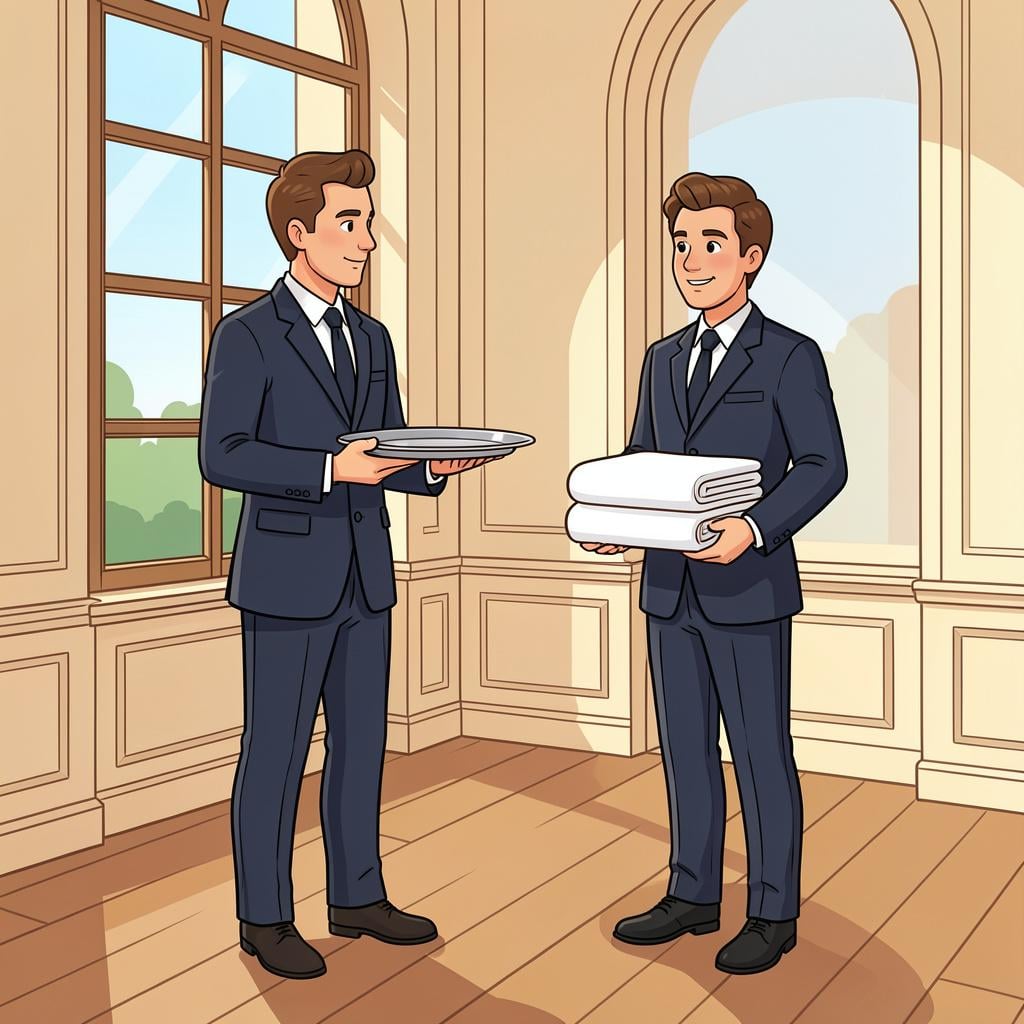 A man and a woman in formal attire working in a classic mansion, one carrying a silver tray and the other a stack of linens.