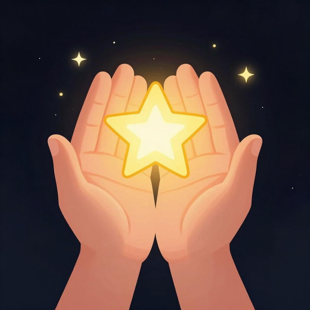 A pair of gentle hands holding a small, brightly glowing, newly formed star above a dark, empty background.
