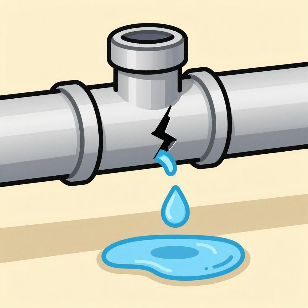 Blauw water druppelt uit een kleine scheur in een metalen pijp.