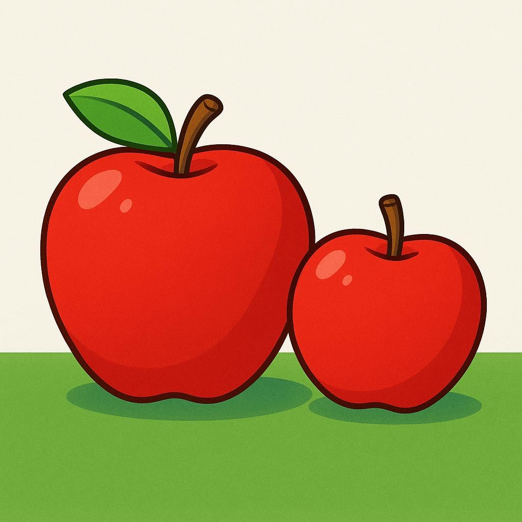 A large red apple resting next to a noticeably smaller red apple.