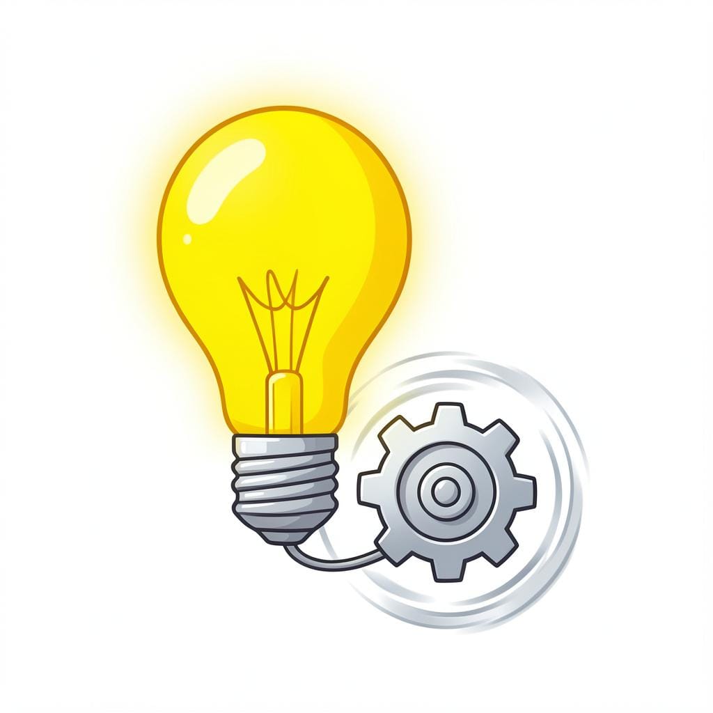 A lightbulb glowing brightly above a small gear mechanism.