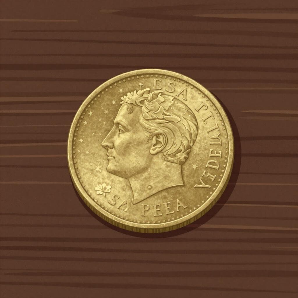 Une pièce d'argent unique avec le profil d'une personne et le mot España, posée sur une table en bois rustique.