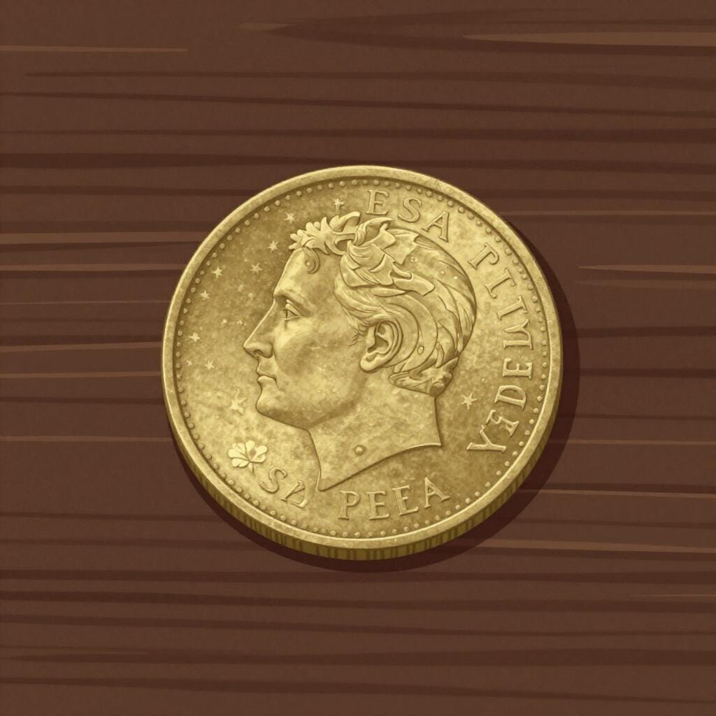 Une pièce d'argent unique avec le profil d'une personne et le mot España, posée sur une table en bois rustique.