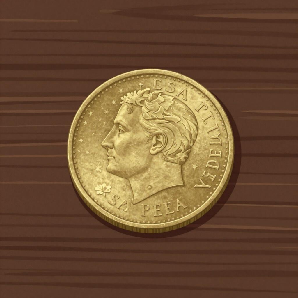 Een enkele zilveren munt met een profiel van een persoon en het woord España, rustend op een rustieke houten tafel.