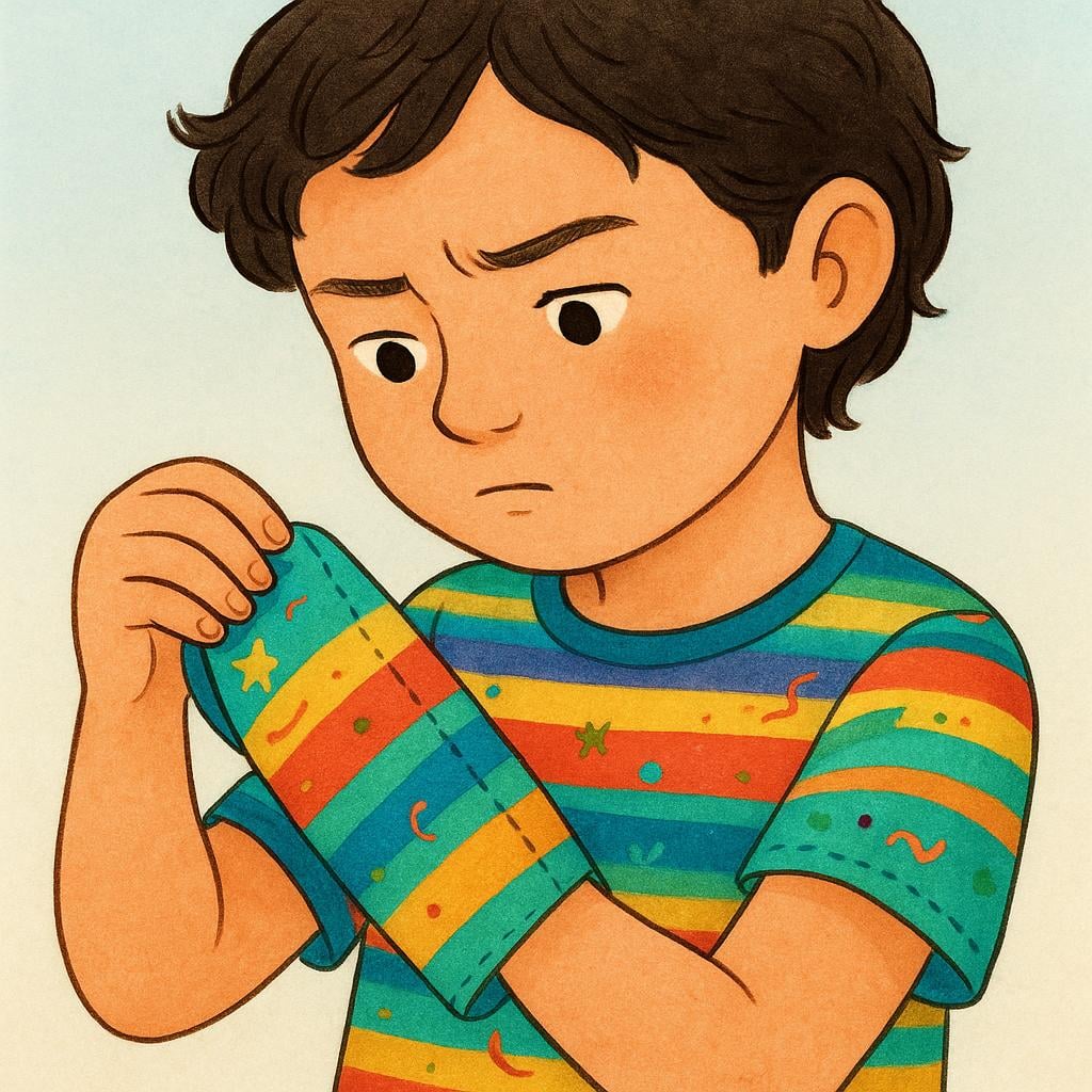 A young person intently studying the sleeve of their colorful shirt, focusing closely on their own physical appearance.