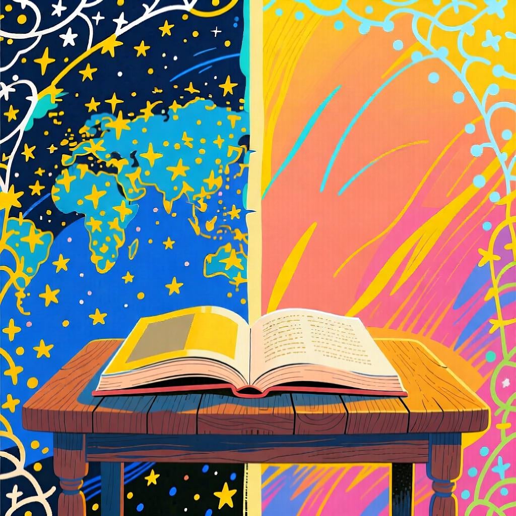 A stylized image showing an open book spanning across a visual transition from a dark night sky to a bright morning sky, symbolizing an activity occurring over a duration of time.