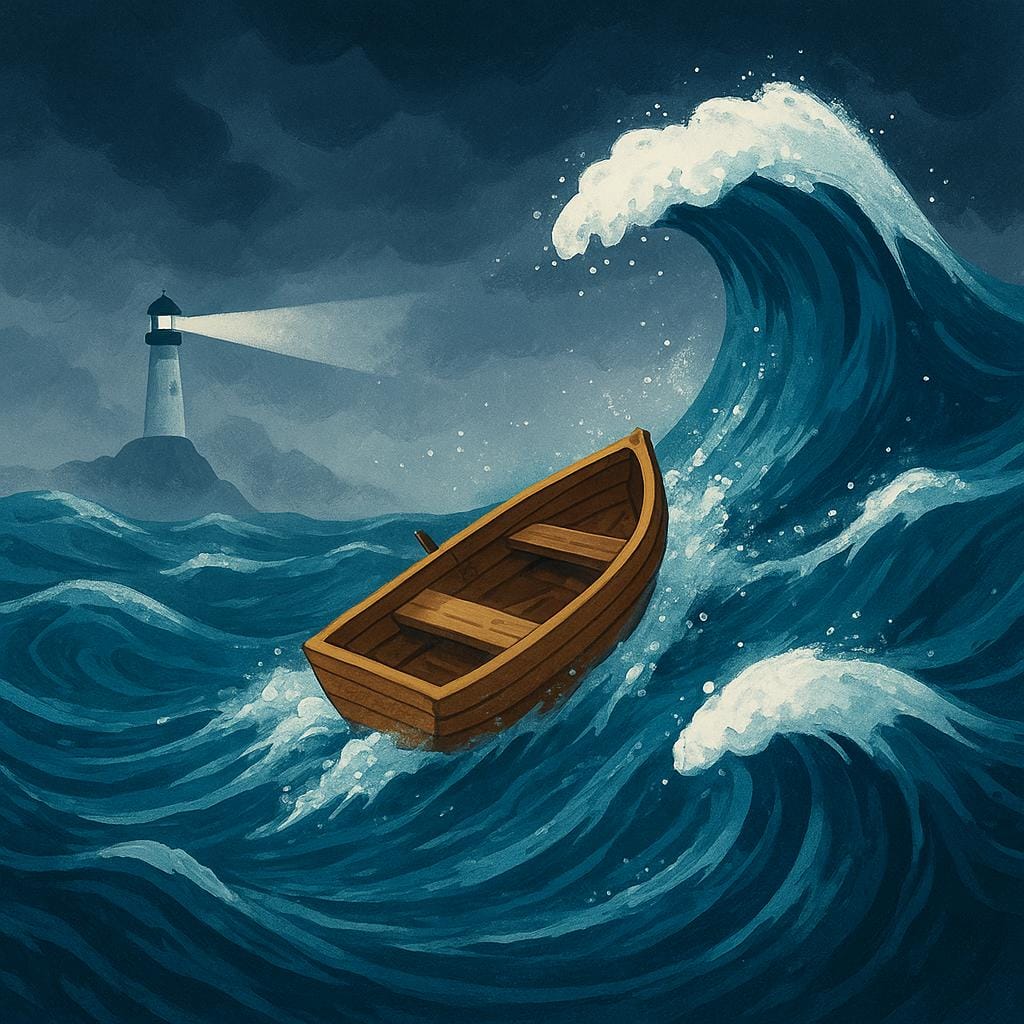 Um pequeno barco solitário é jogado dramaticamente por grandes ondas azul-escuras em um mar turbulento, indo em direção a um farol brilhante à distância.