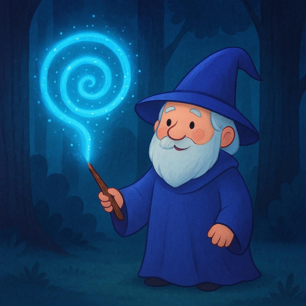 A whimsical wizard standing in a dark forest, holding a glowing wand that emits bright, swirling blue light, demonstrating magic.