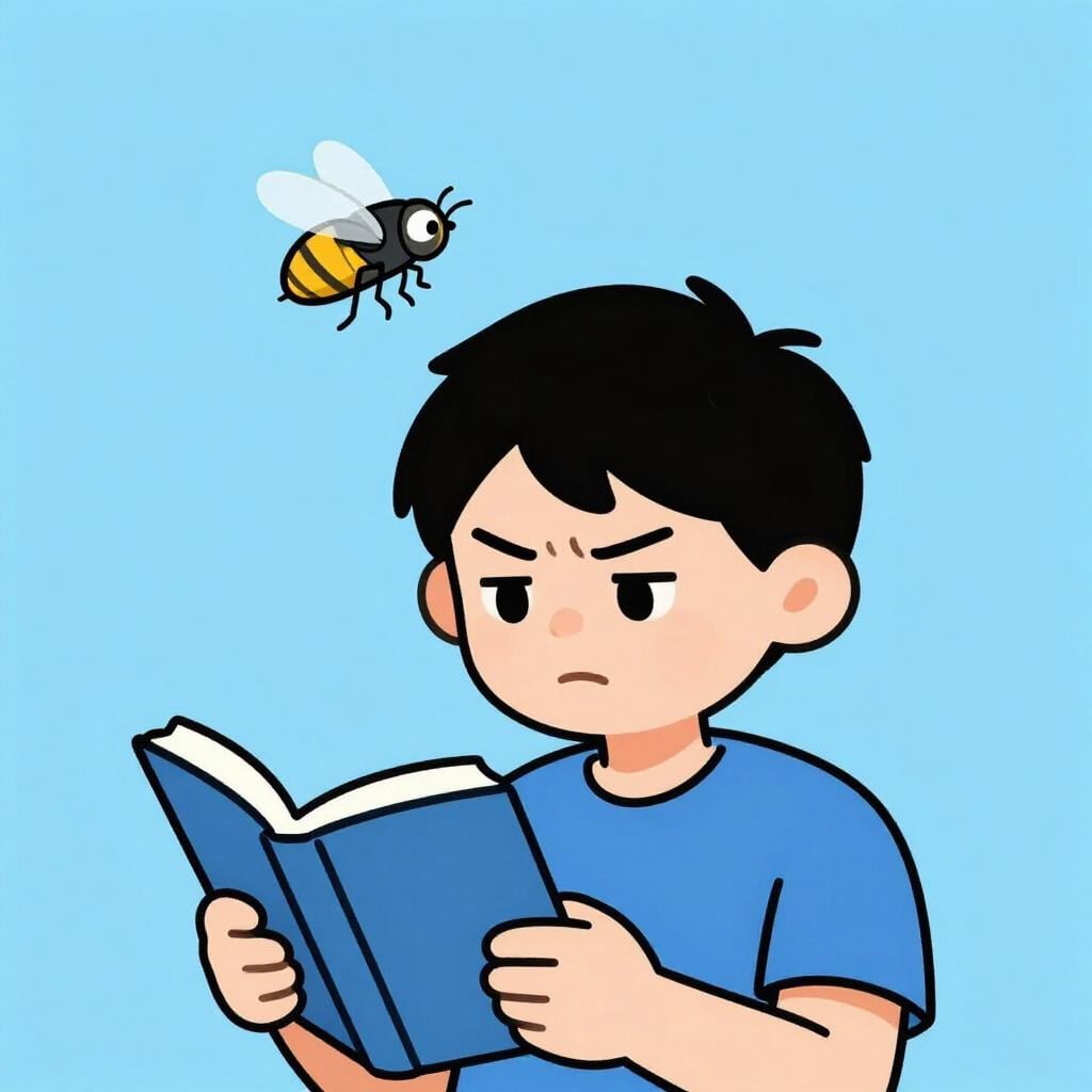 Une petite mouche bourdonnante tournant autour de la tête d'une personne qui essaie de lire.