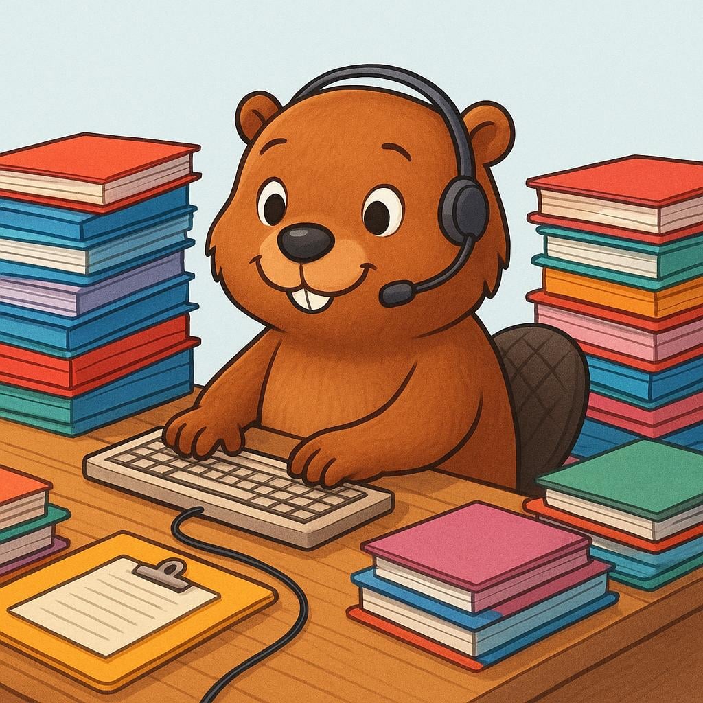 A busy cartoon beaver wearing a headset and actively typing at a desk piled high with colorful documents.