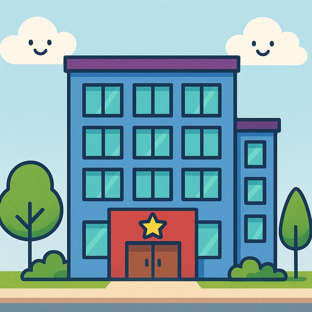 A brightly colored, stylized corporate building with large windows and a distinct, simple geometric symbol above the entrance, symbolizing a commercial organization.