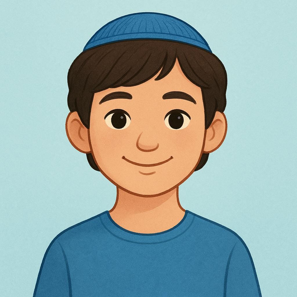 A friendly, smiling person wearing a small, round blue kippah on their head.