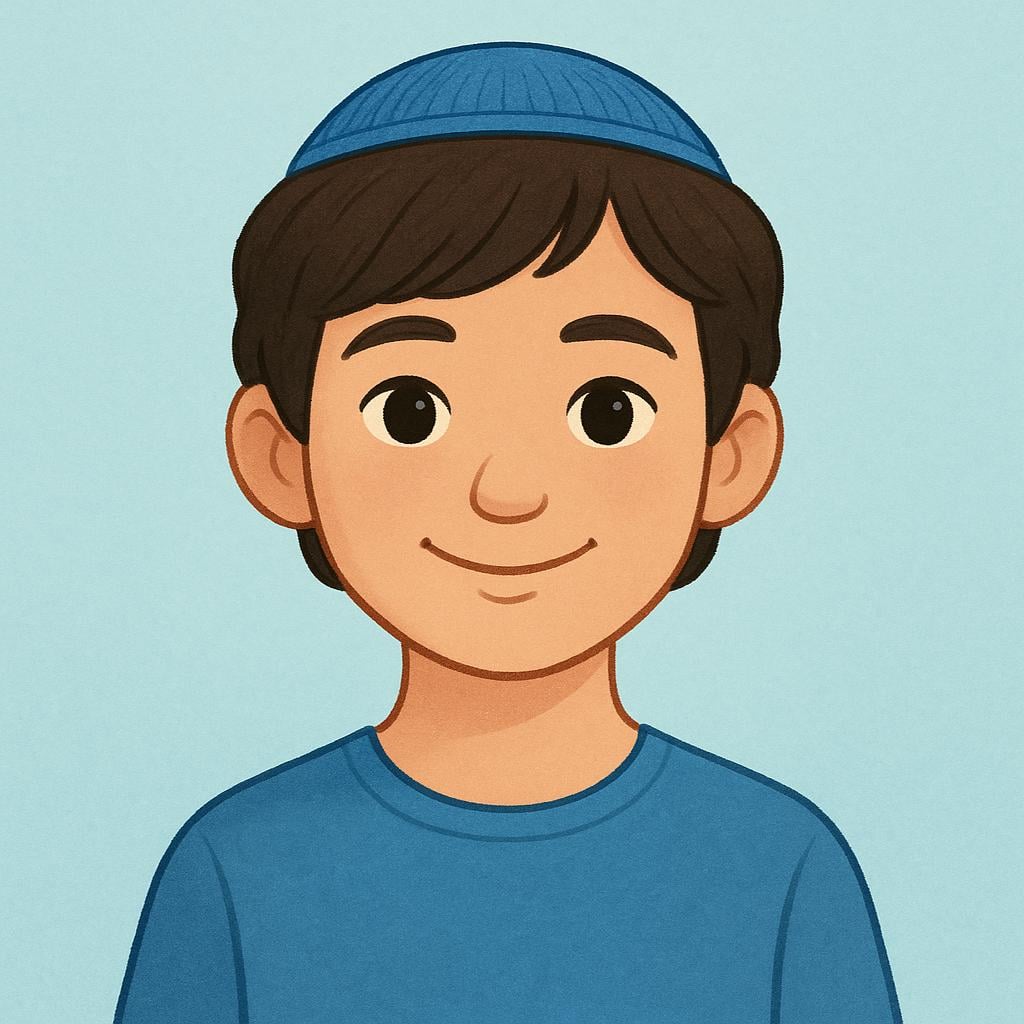 A friendly, smiling person wearing a small, round blue kippah on their head.