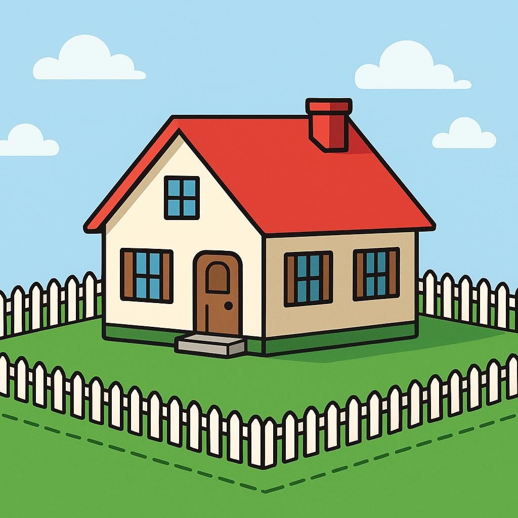 An illustration of a simple single-family house with a red roof, situated on a green plot of land, representing real estate property.