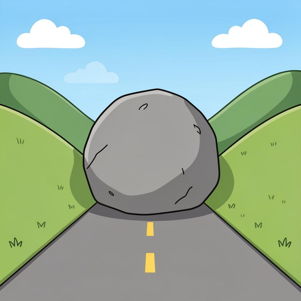 A large gray boulder sitting in the middle of a narrow dirt road, preventing passage.