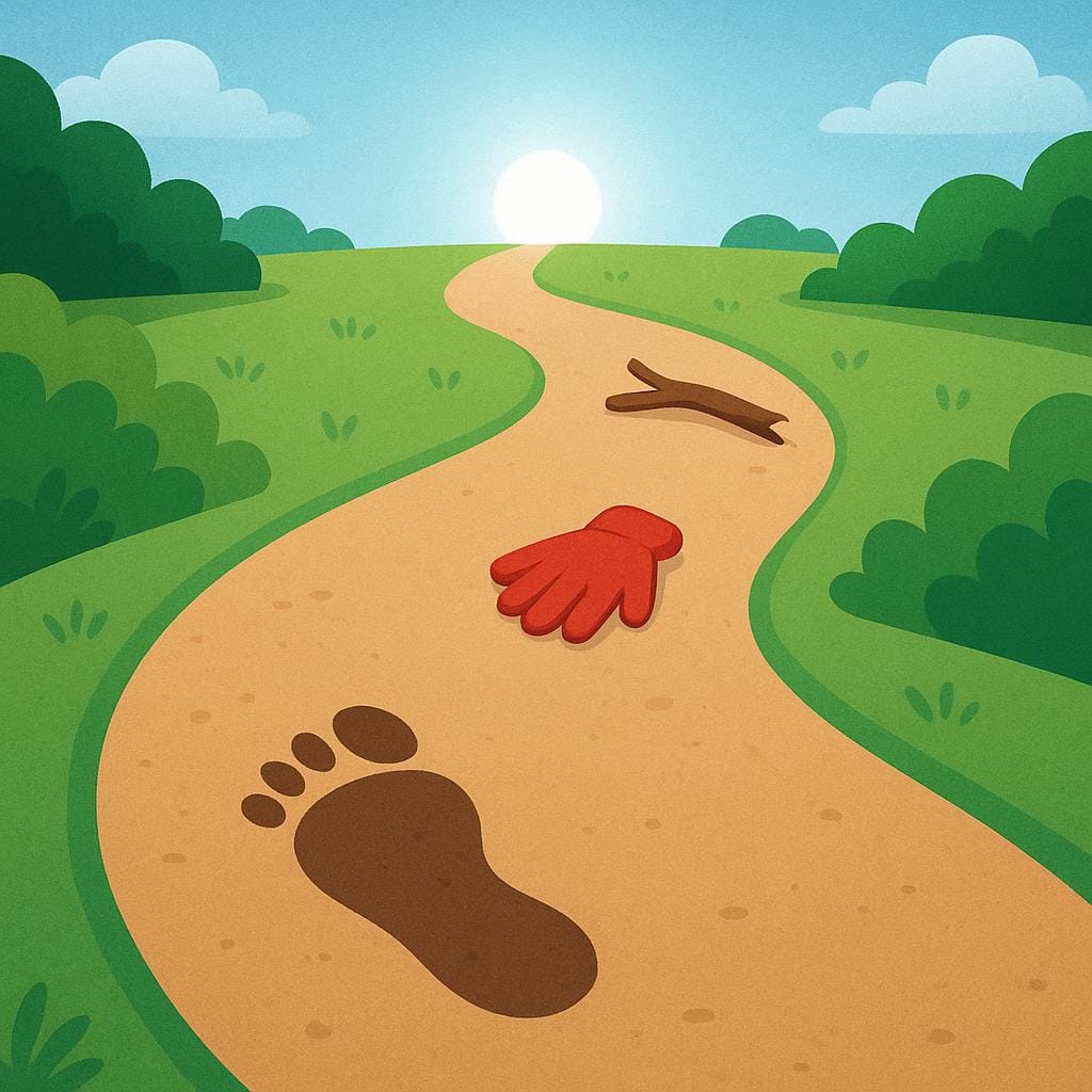 A sequence of three distinct visual clues (a footprint, a dropped glove, and a broken branch) arranged on a path that clearly directs the viewer's eye towards a bright, singular light source, symbolizing evidence suggesting a conclusion.