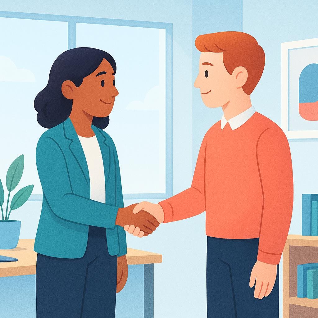 Twee mensen staan tegenover elkaar in een kamer en schudden elkaar stevig de hand om een directe, fysieke ontmoeting te symboliseren.