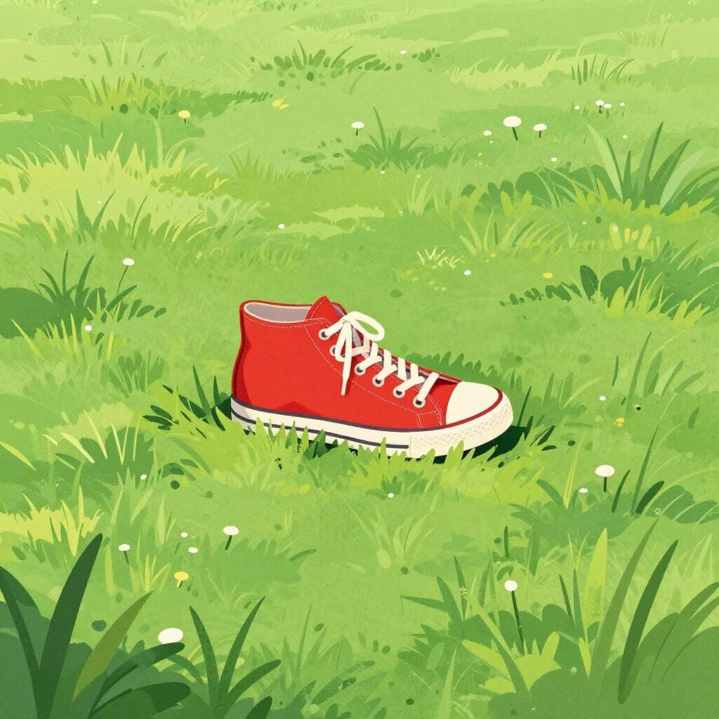 Een enkele kleurrijke schoen ligt alleen op een groen grasveld, gescheiden van zijn eigenaar.