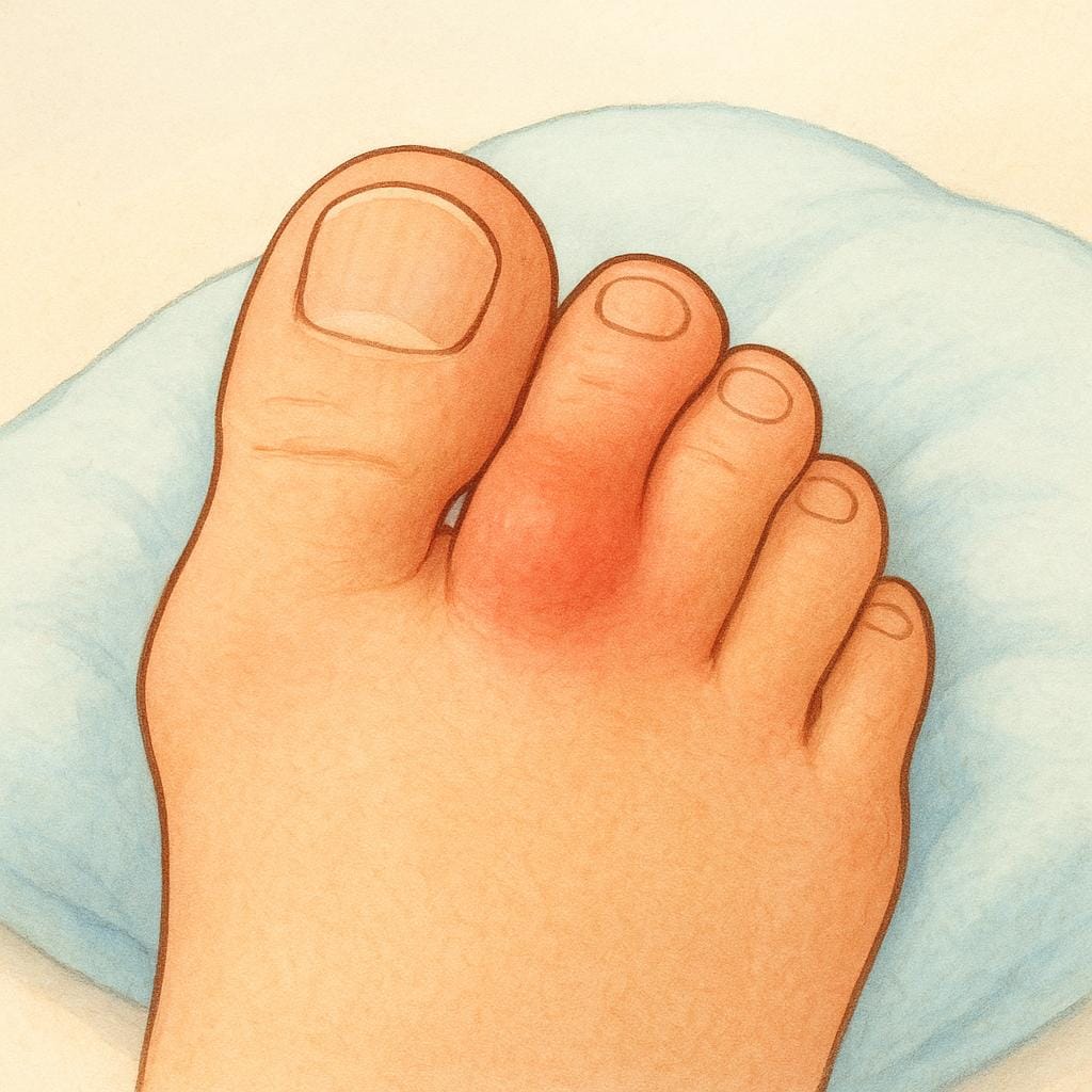 Eine Nahaufnahme eines nackten Fußes, die das geschwollene und rote Großzehengelenk zeigt und die Erkrankung Gicht darstellt.