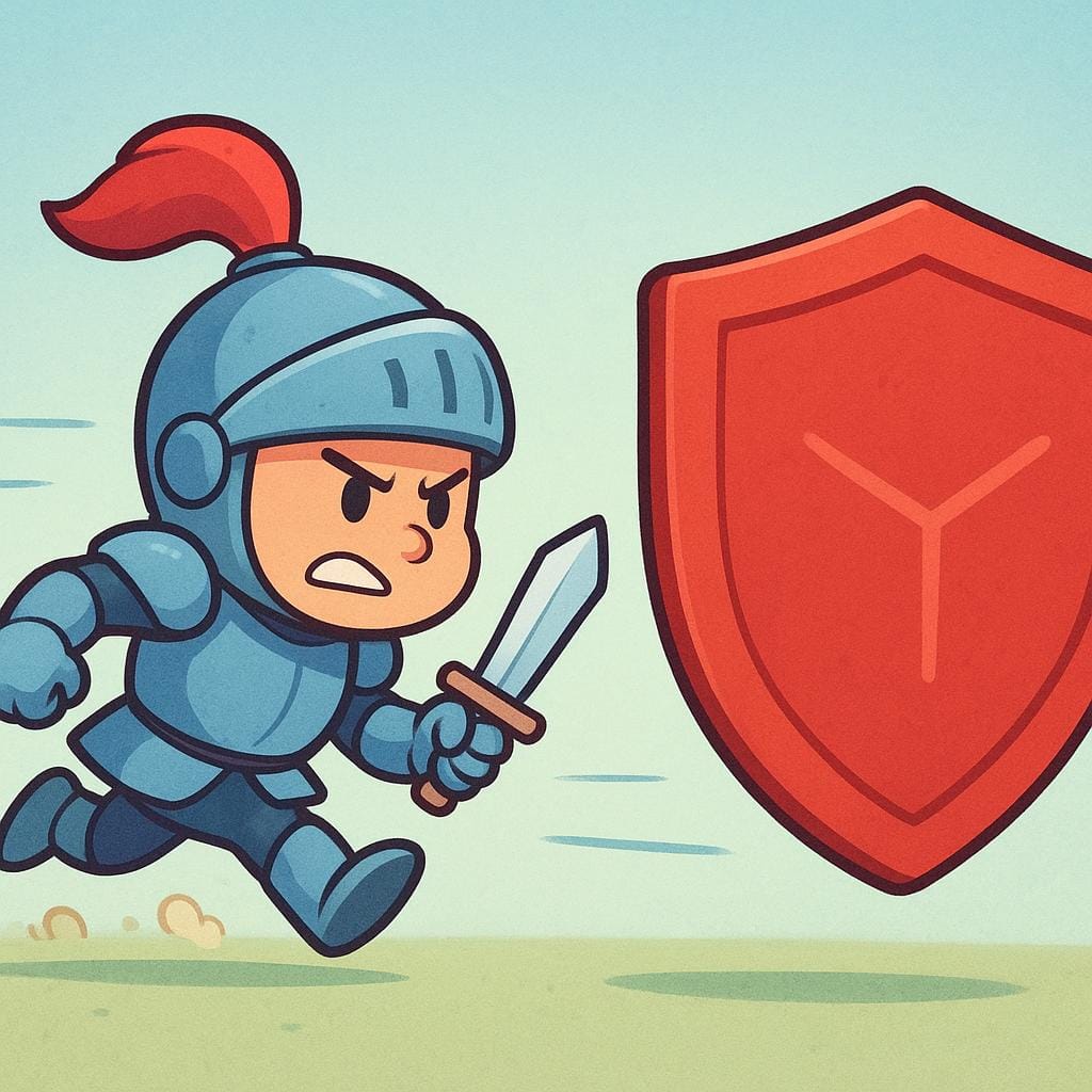 A small, determined cartoon knight wearing simple armor is running aggressively across a plain field with a sword raised high, charging towards a large, stylized red shield.