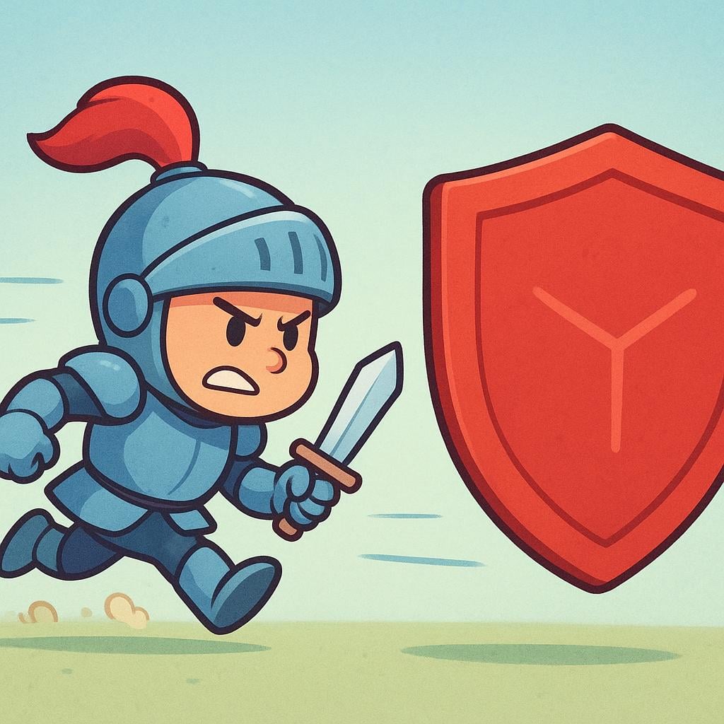 A small, determined cartoon knight wearing simple armor is running aggressively across a plain field with a sword raised high, charging towards a large, stylized red shield.