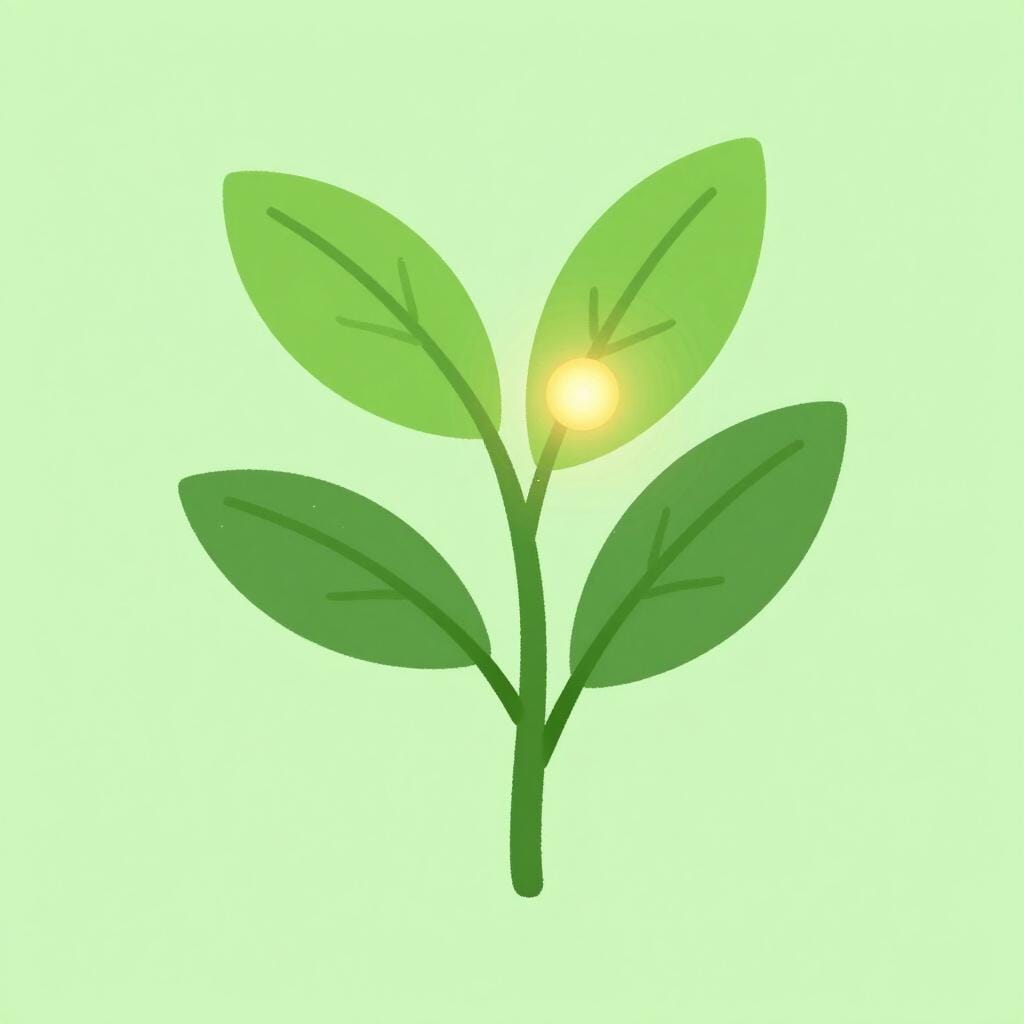 Een gloeiend gouden zaadje in het midden van een grote groene plant, dat de essentie ervan voorstelt.