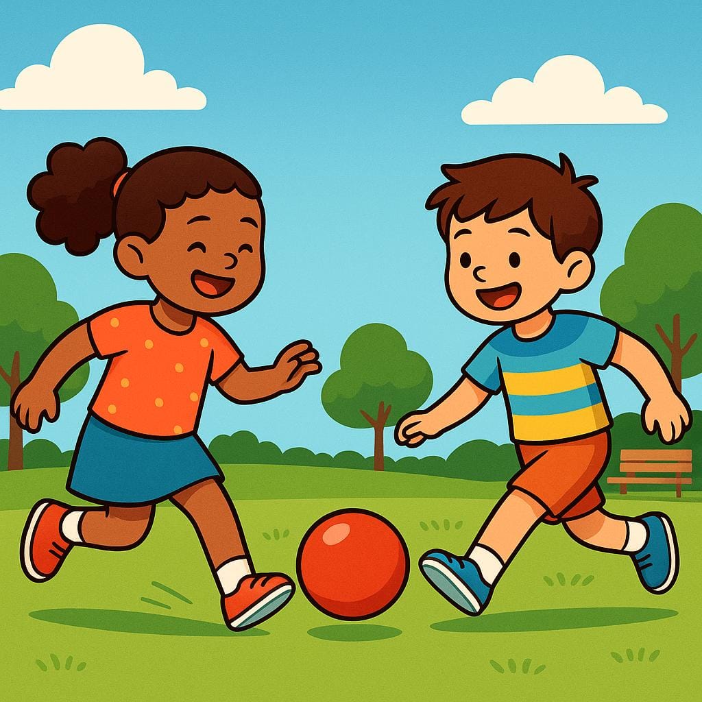 Two cheerful children are actively kicking a brightly colored red ball back and forth in a green park, illustrating a habitual action.