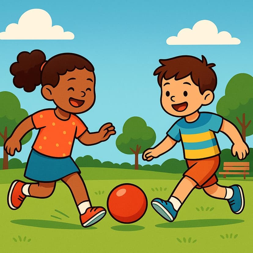 Two cheerful children are actively kicking a brightly colored red ball back and forth in a green park, illustrating a habitual action.