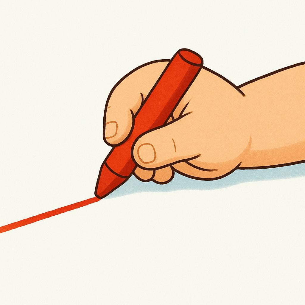 A close-up of a hand drawing a single, perfectly straight red line across a white page with a crayon.