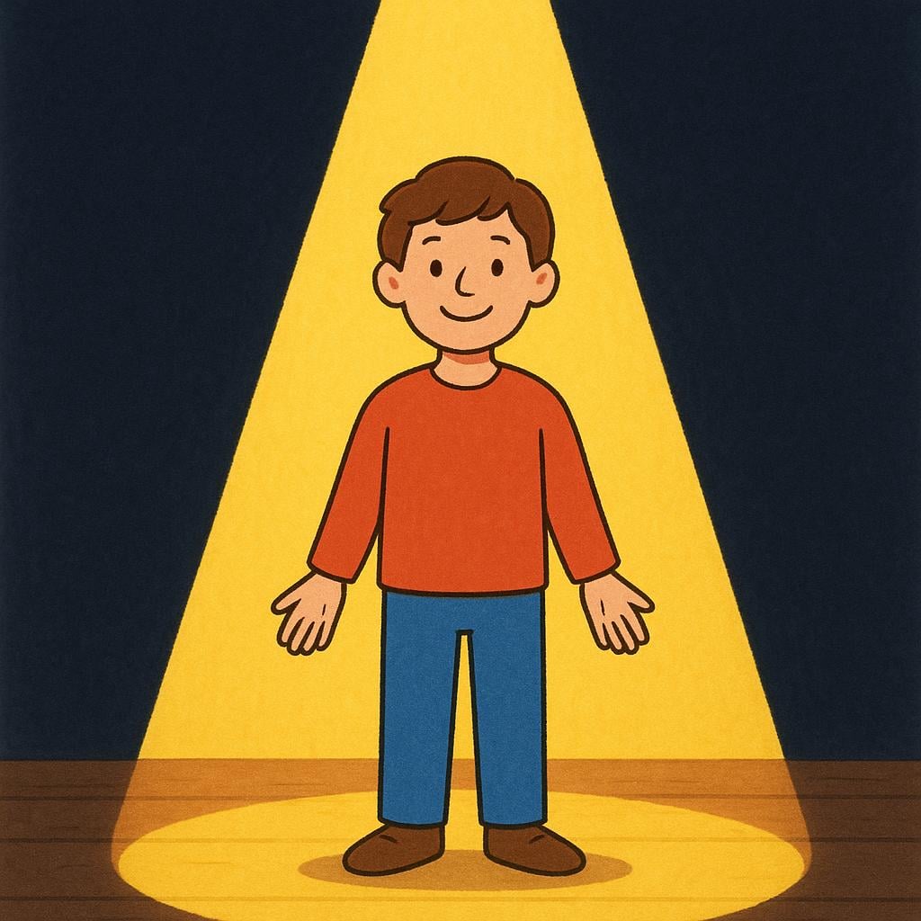A smiling person standing center stage under a bright yellow spotlight, symbolizing a famous celebrity.