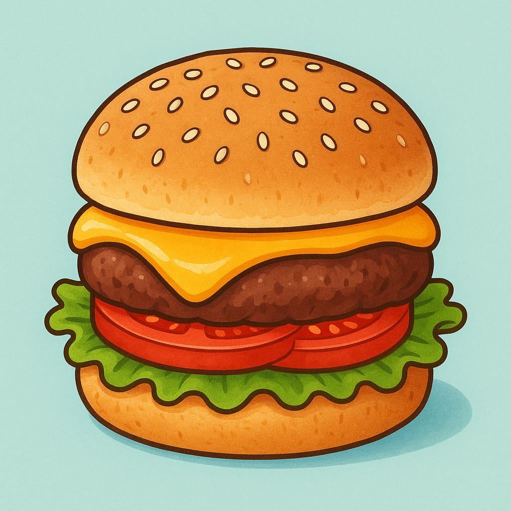 A simple illustration of a perfectly stacked hamburger sandwich, showing a sesame seed bun, beef patty, melted cheese, lettuce, and tomato.