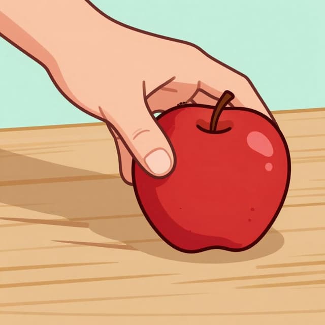 A hand suddenly grabbing a red apple from a wooden table.