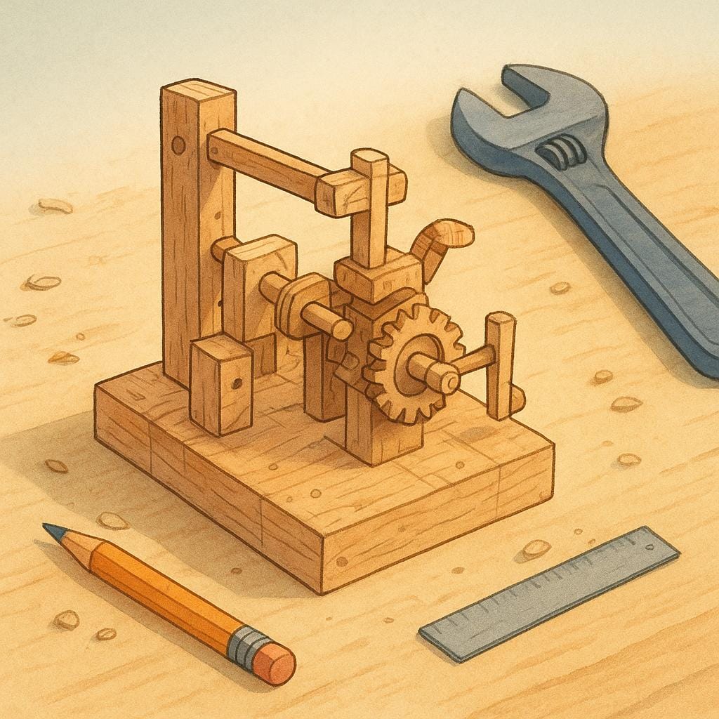 A miniature, rough wooden prototype model of a complex machine placed on a workbench, symbolizing a test run.