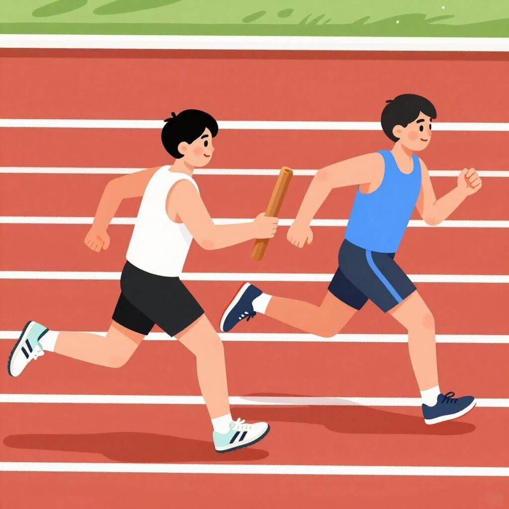 A runner on a track handing a wooden baton to another runner who is starting to run.