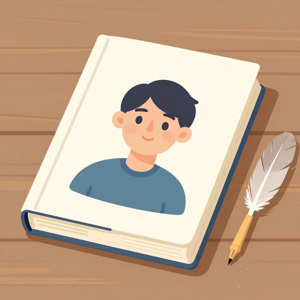 Un livre épais à couverture rigide avec le portrait d'une personne sur la couverture, posé sur une table en bois.