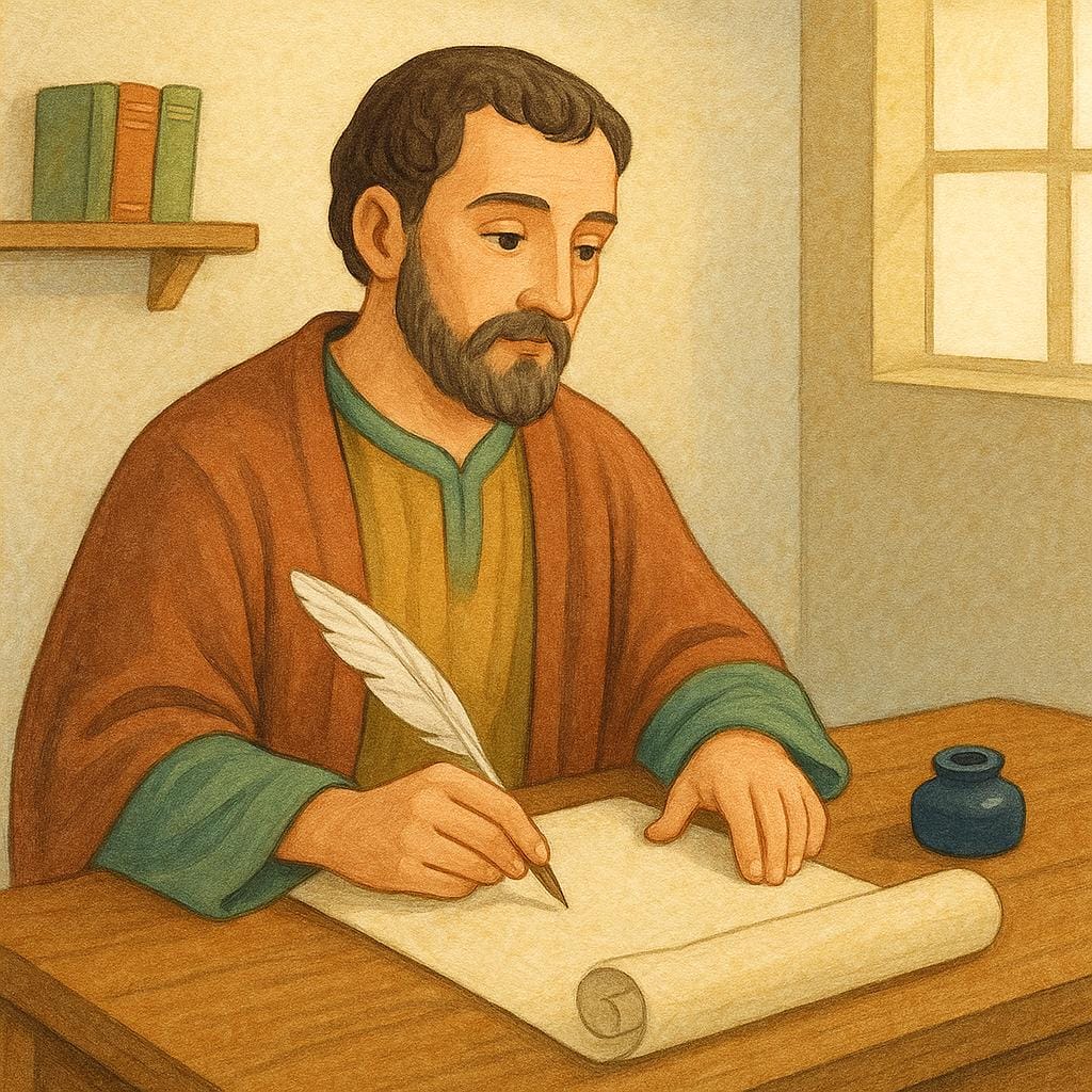 A historical scribe sitting at a wooden desk, dipping a quill pen into an inkwell while looking at a piece of parchment that rests on the desk.
